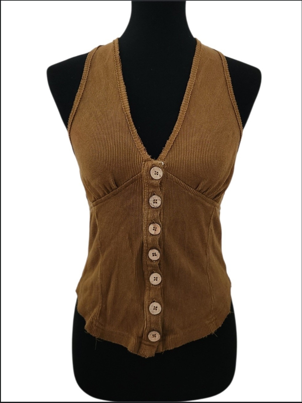 Free People Brown Mustard Ribbed Deep V-Neck Button Front Tank Vest Size S NWOT